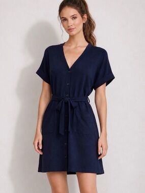 FRANK AND OAK Button-Front Navy Blue Belted Mini Dress NWT